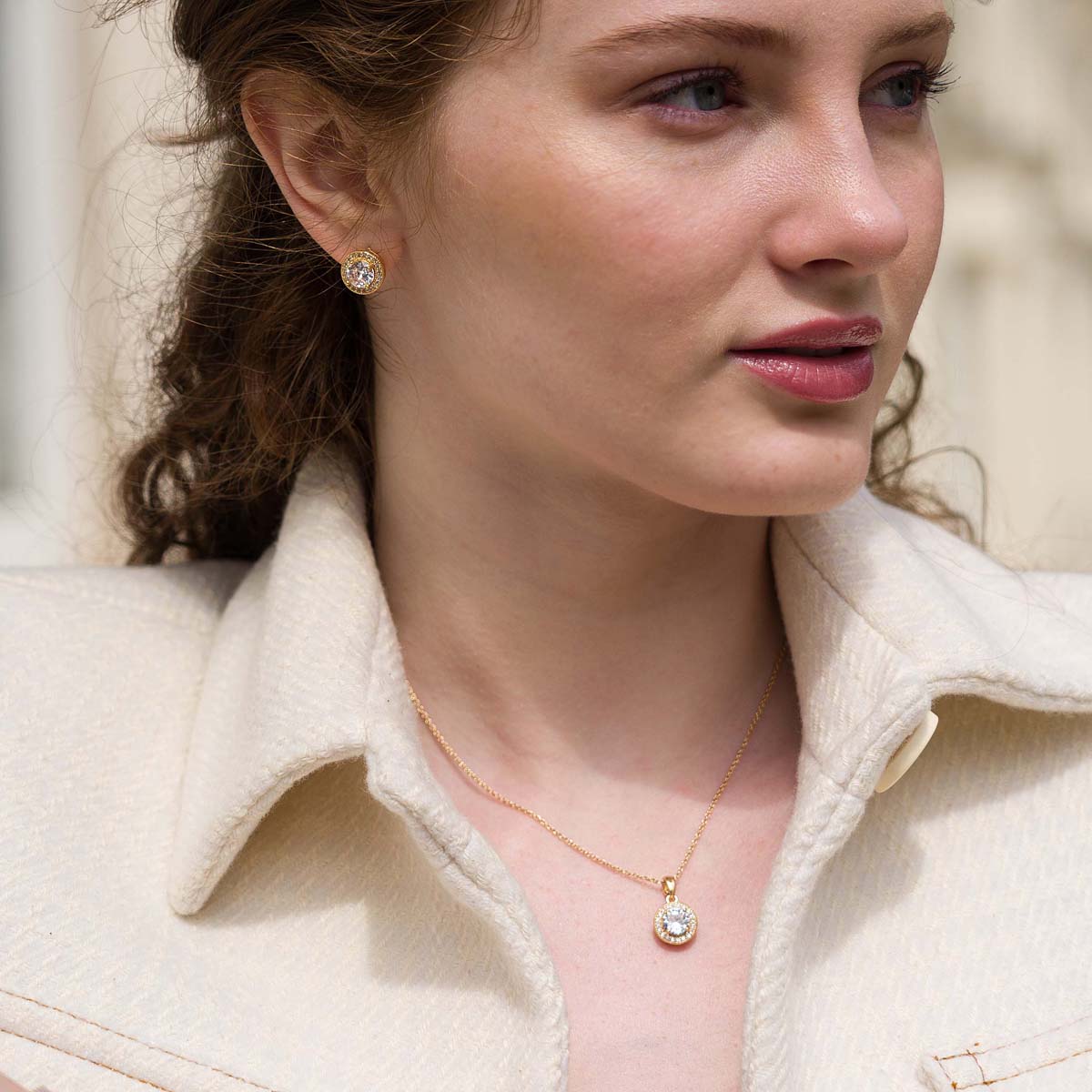 Model wearing Cubic Zirconia Circle Pendant Necklace & Earrings Boxed Set in Gold