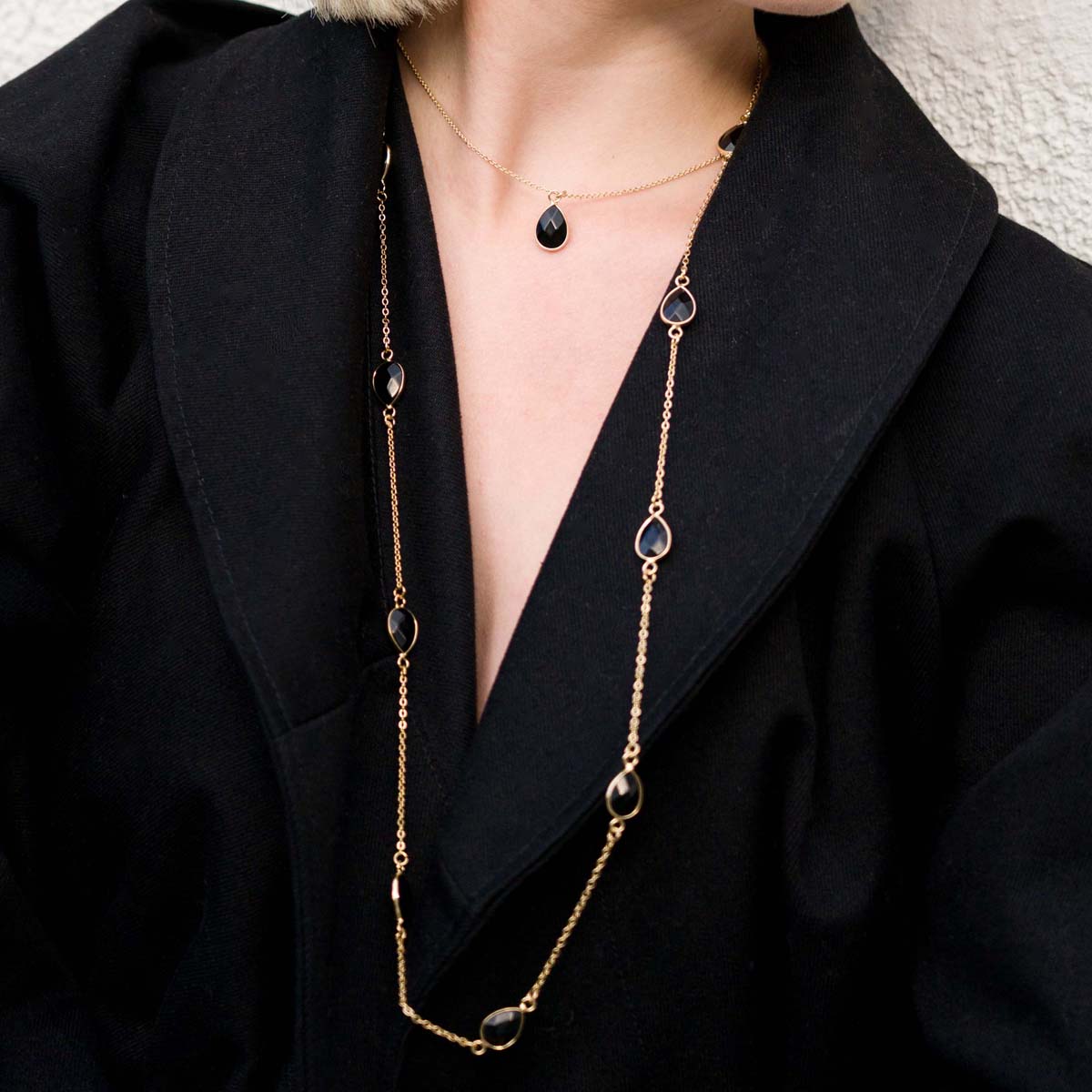 Model wearing Long Black Spinel Multi Crystal Gold Necklace