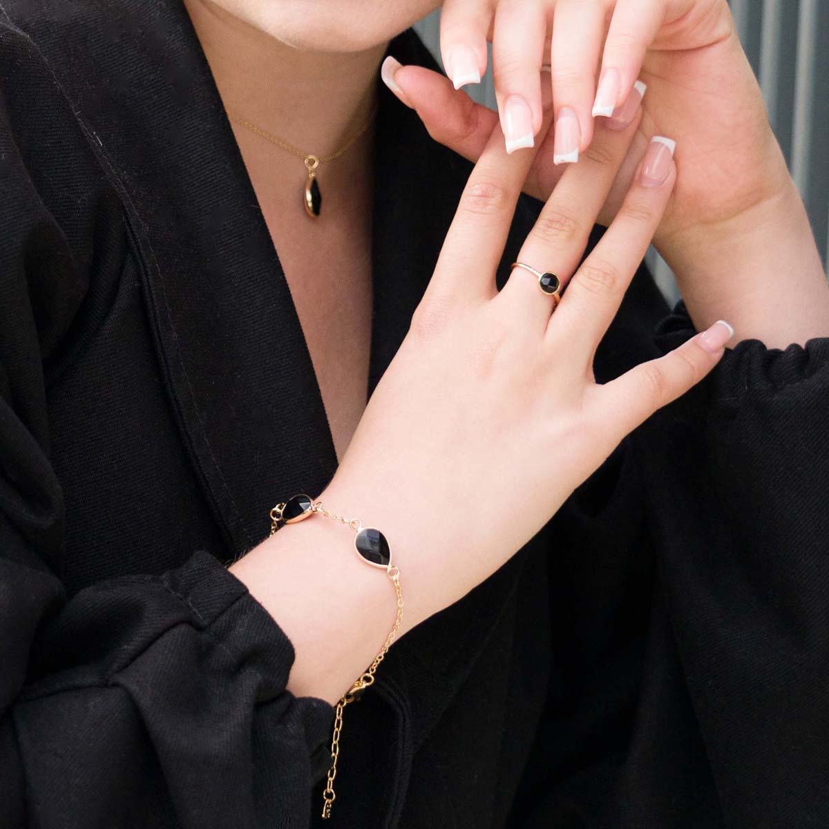 Model wearing Black Spinel Gem Stone Gold Ring