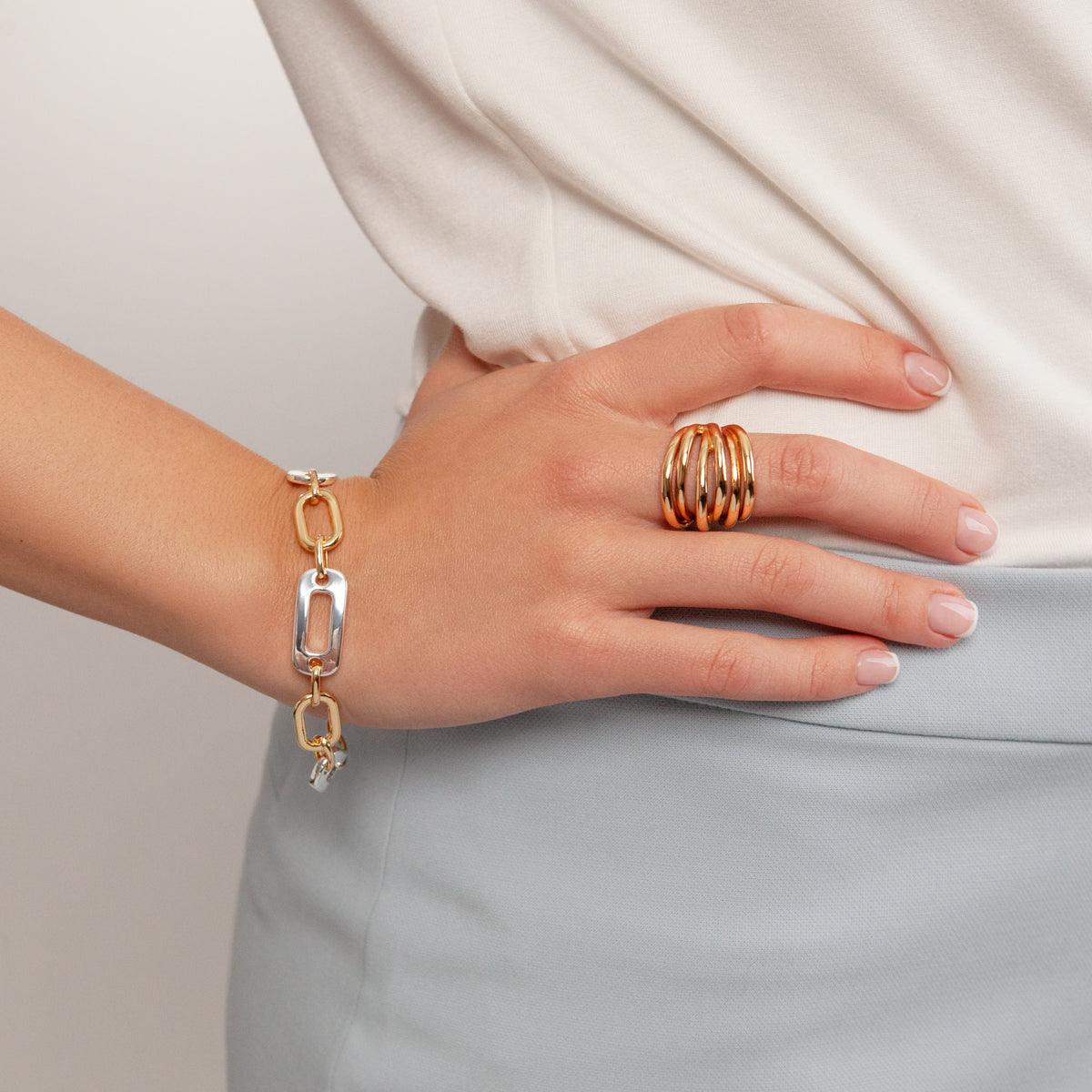 Model wearing Geo Silver and Gold T-Bar Contemporary Bracelet