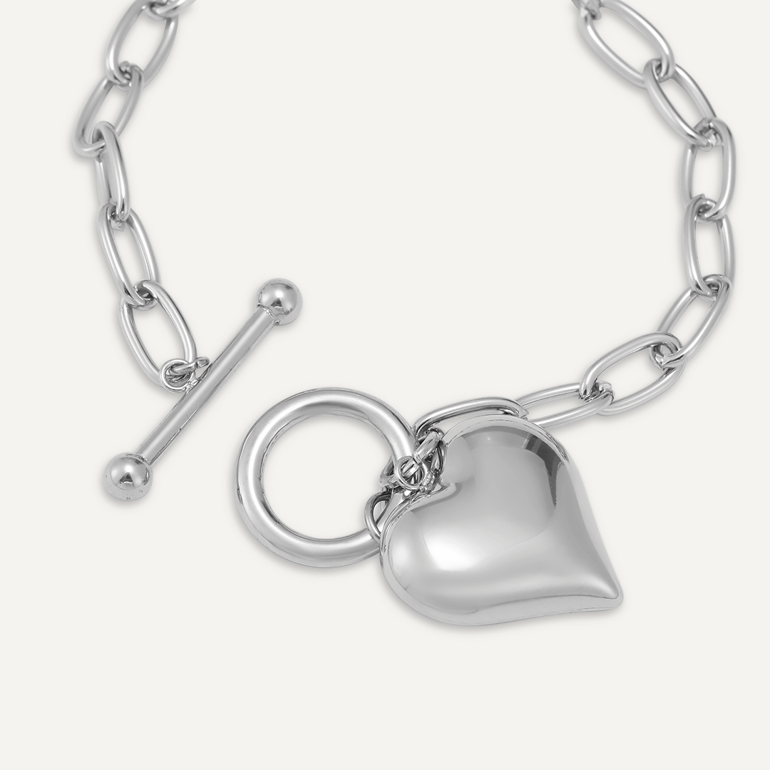 Heart Charm T-Bar Bracelet In Silver-Tone