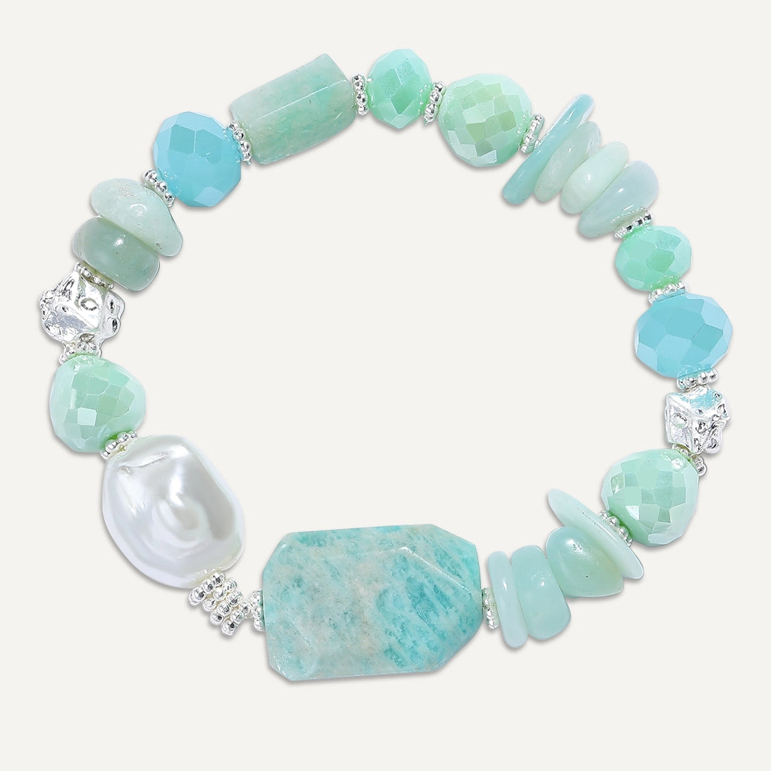 Chunky Sea Green & Pearl Stretch Bracelet In Silver-Tone