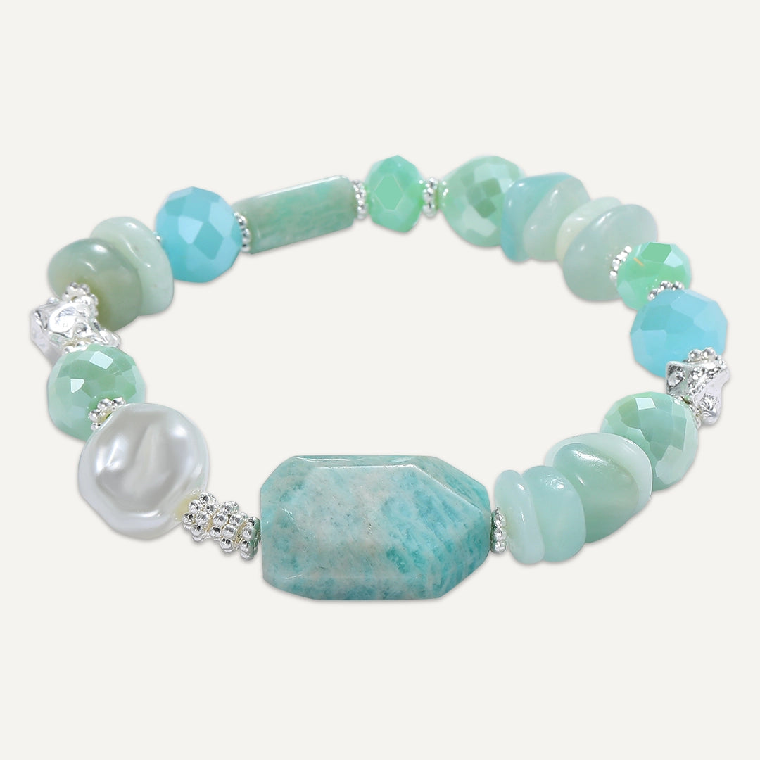 Chunky Sea Green & Pearl Stretch Bracelet In Silver-Tone