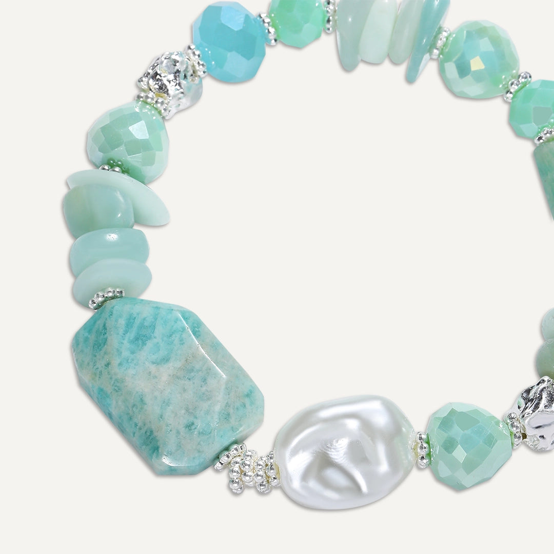 Chunky Sea Green & Pearl Stretch Bracelet In Silver-Tone