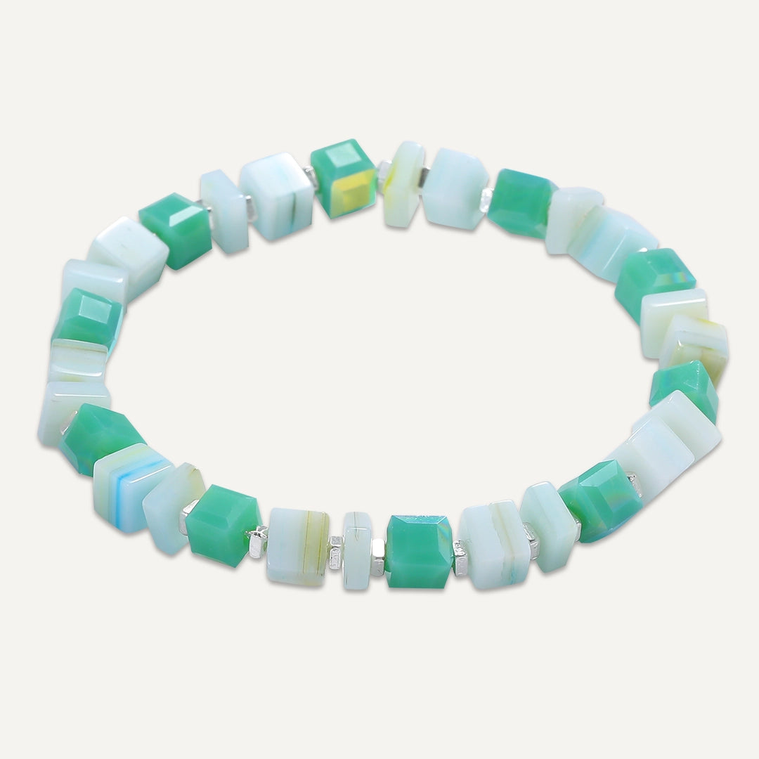 Mosaic Cube Bead Stretch Bracelet In Silver-Tone