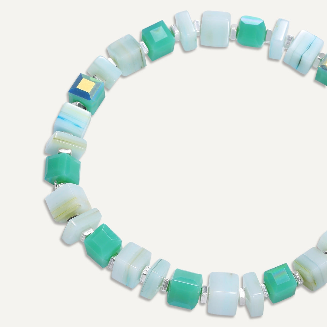 Mosaic Cube Bead Stretch Bracelet In Silver-Tone