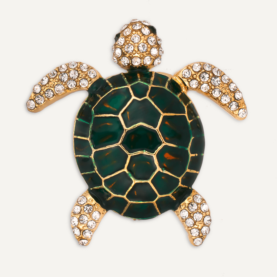 Crystal Turtle Animal Brooch In Gold-Tone