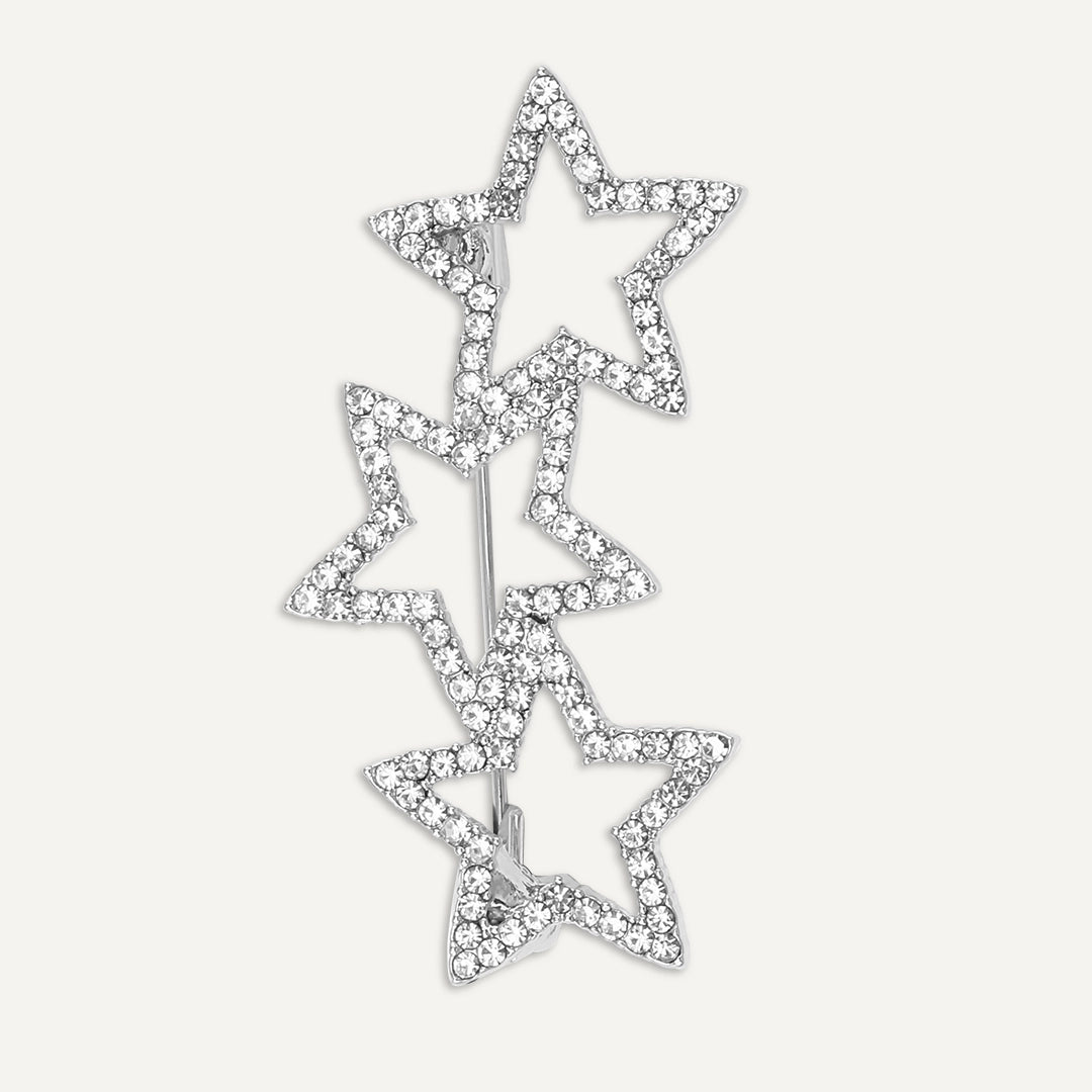 Triple Star Crystal Brooch In Silver-Tone