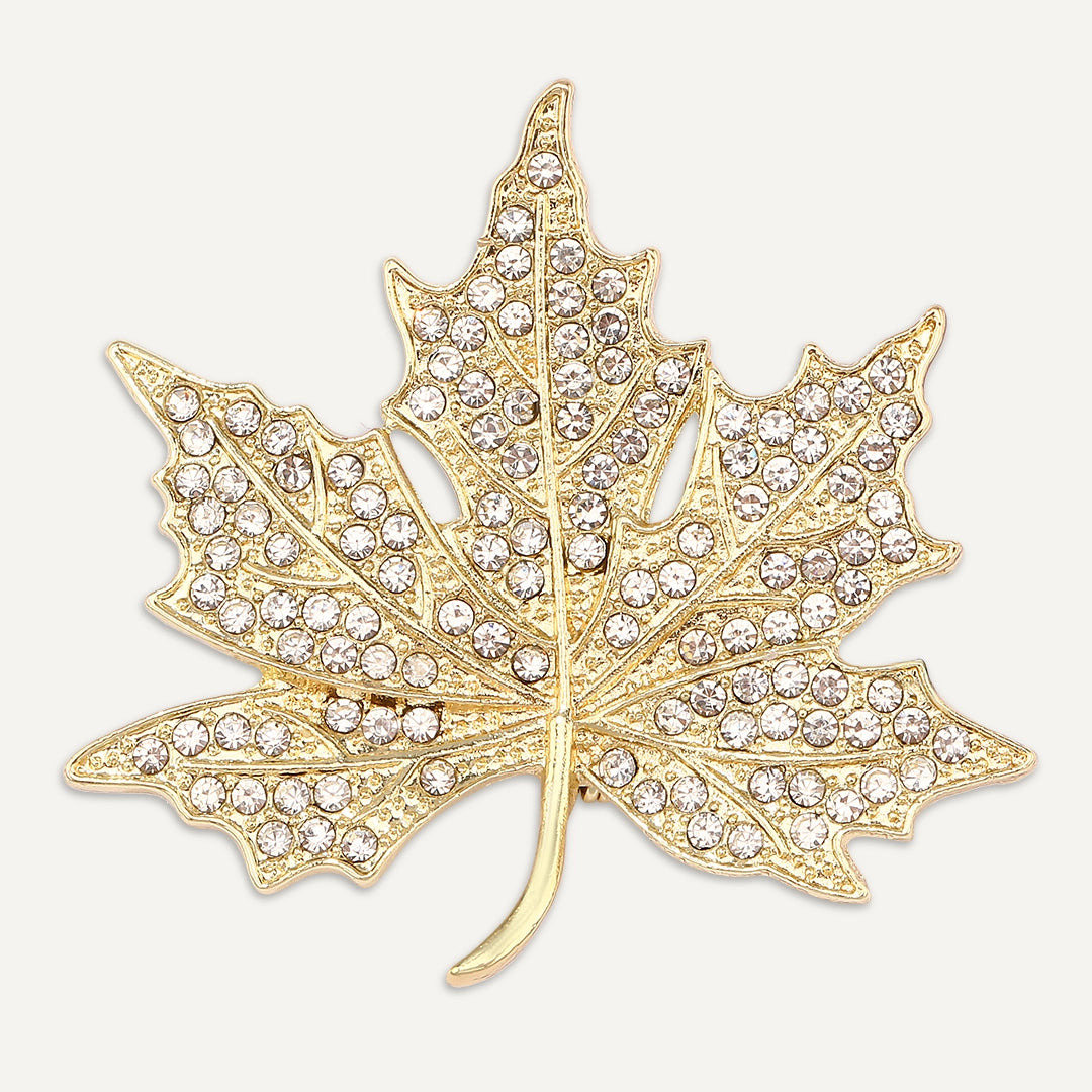 Crystal Maple Leaf Brooch In Gold-Tone