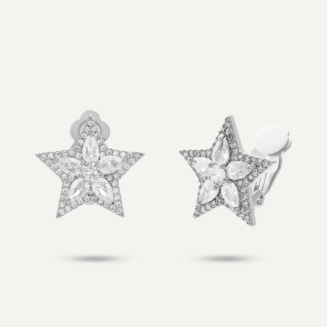 Star Clip On Earrings In Silver Tone
