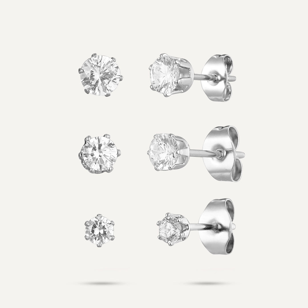 Vibes | Classic Solitaire Stud Post Earrings | 3 Pairs | White Gold-Plated
