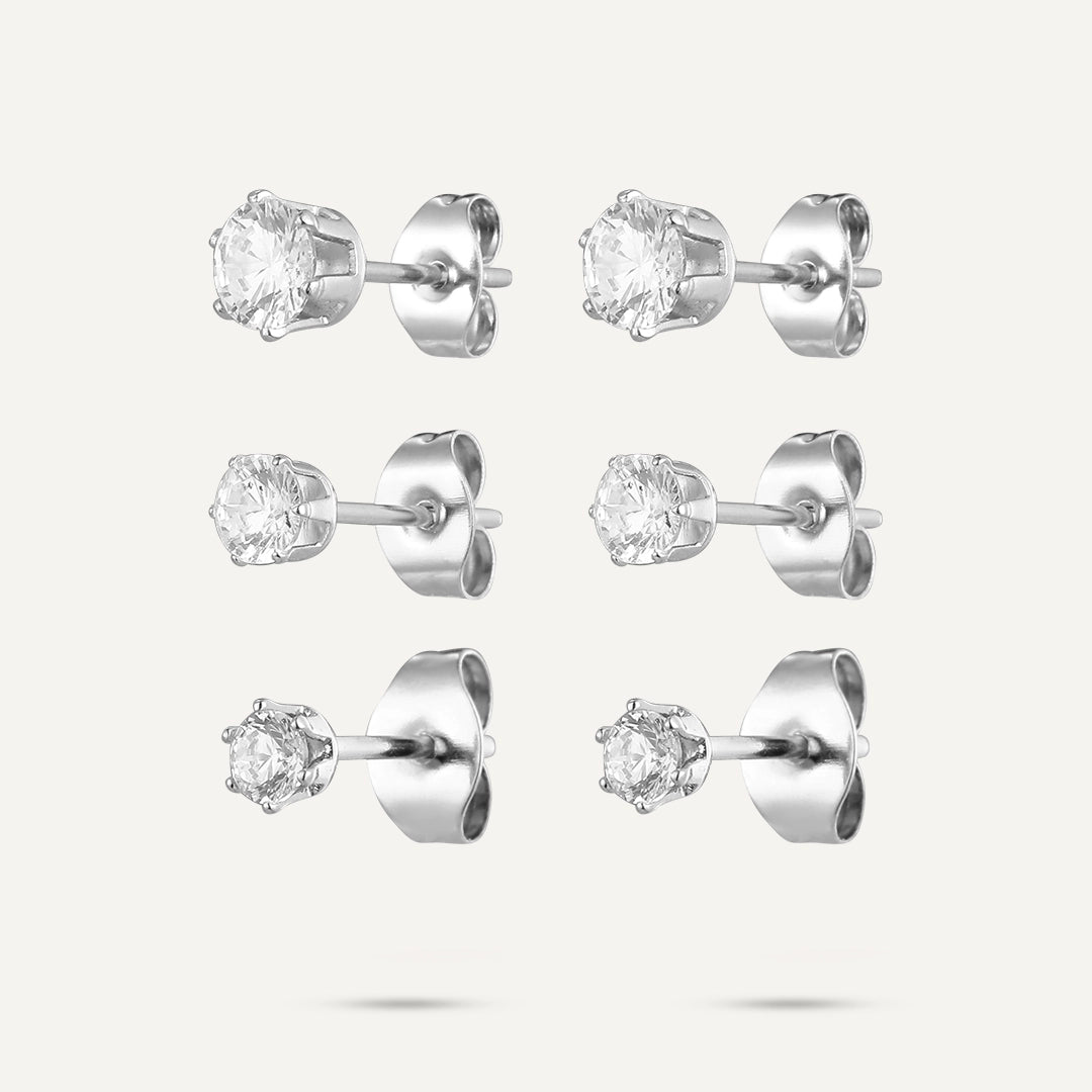 Vibes | Classic Solitaire Stud Post Earrings | 3 Pairs | White Gold-Plated