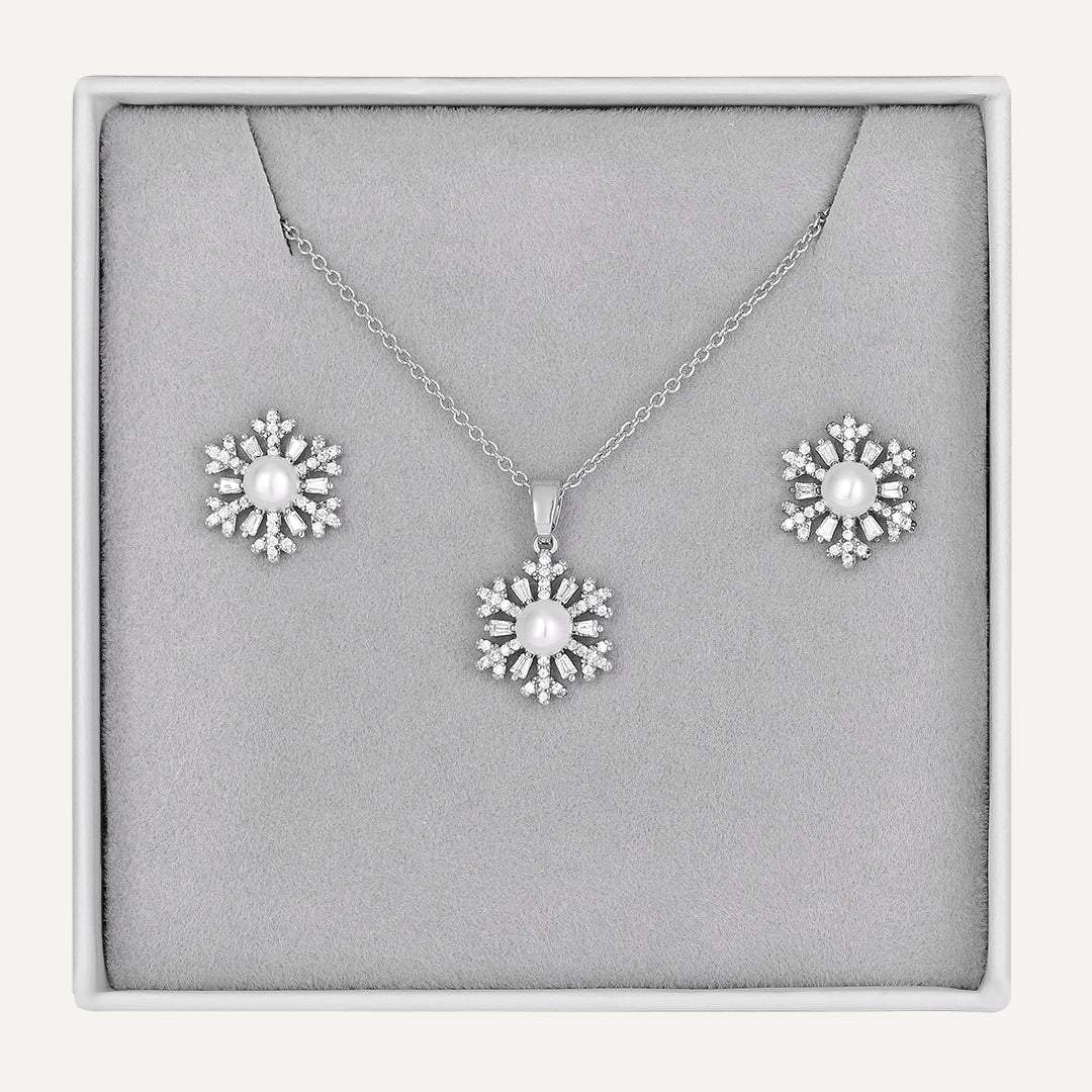 Pearl Snowflake Jewelry Set In Silver-Tone