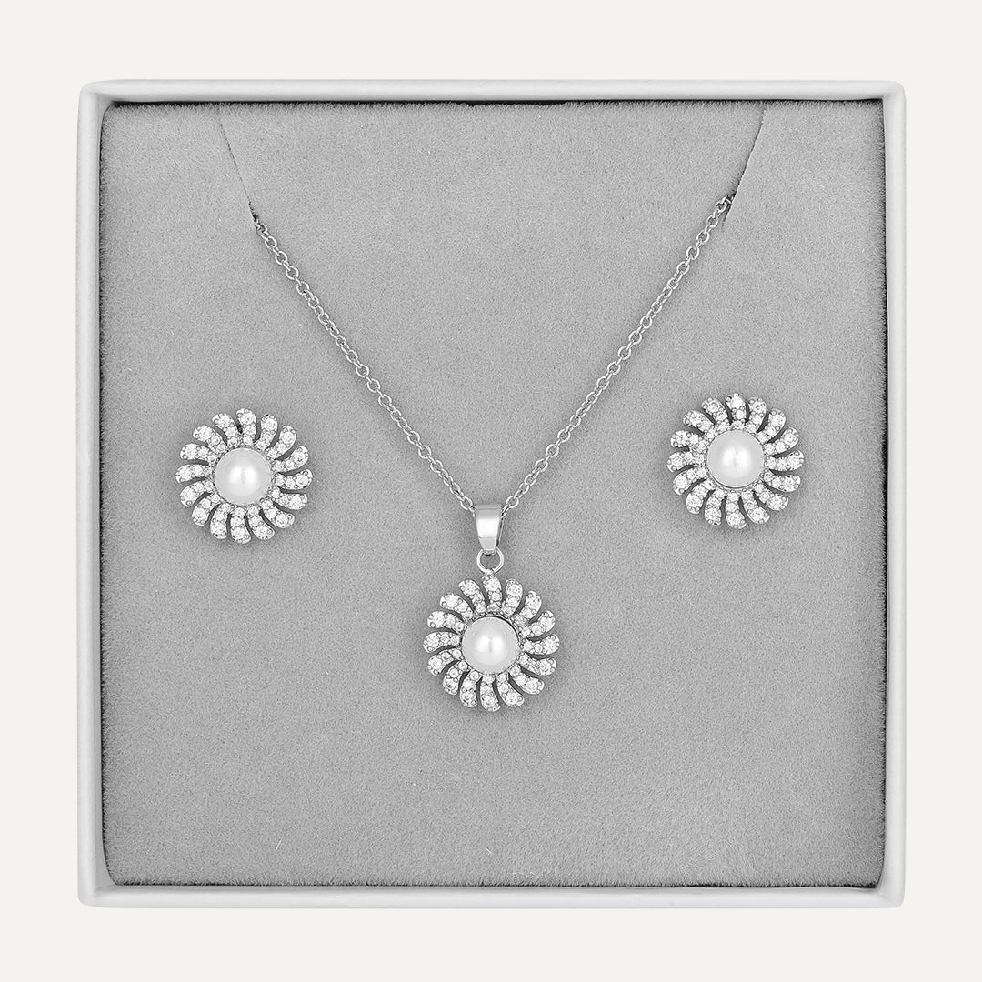 Radiant Pearl Sunburst Jewelry Set In Silver-Tone