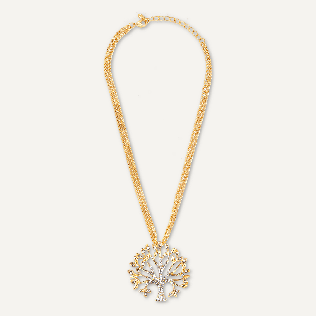 Multi Chain Tree Of Life Crystal Necklace In Gold Tone