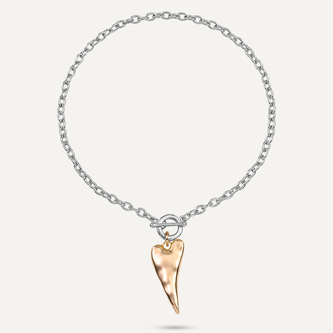 Short Mixed Metal Heart Drop Pendant Necklace In Gold & Silver-Tone