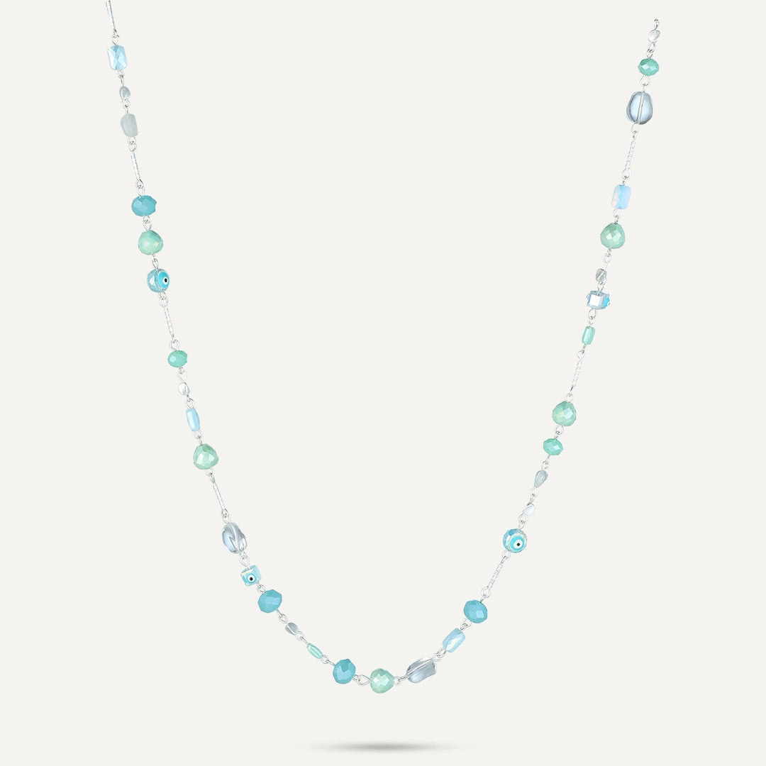 Long Mixed Bead Evil Eye Necklace In Silver-Tone