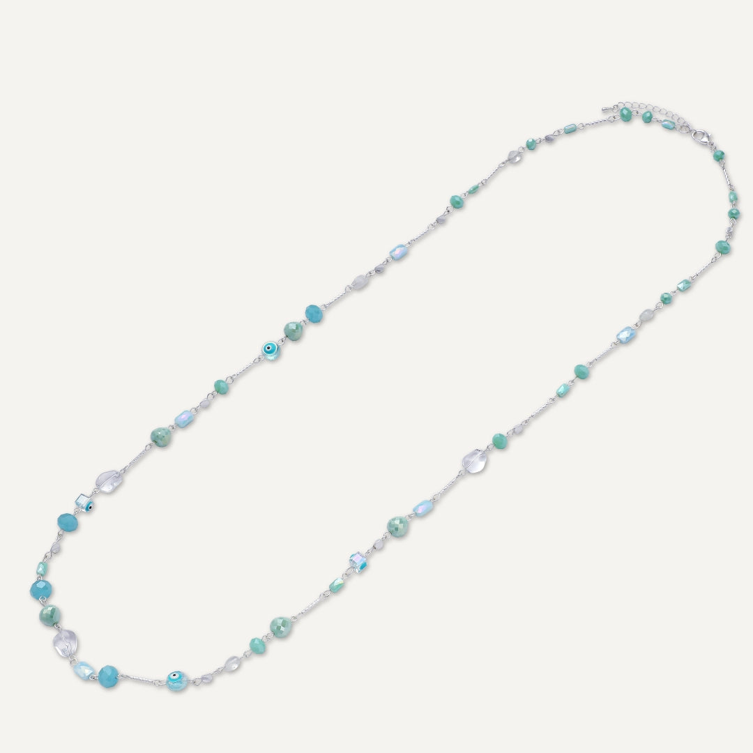 Long Mixed Bead Evil Eye Necklace In Silver-Tone