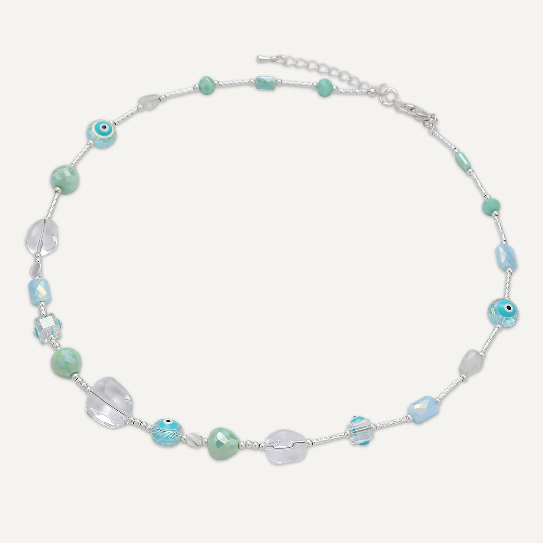 Short Mixed Bead Evil Eye Necklace In Silver-Tone