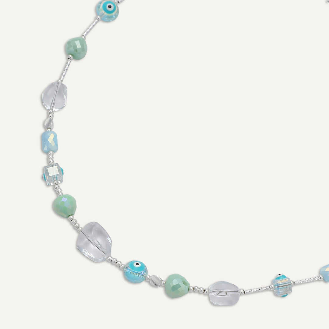 Short Mixed Bead Evil Eye Necklace In Silver-Tone