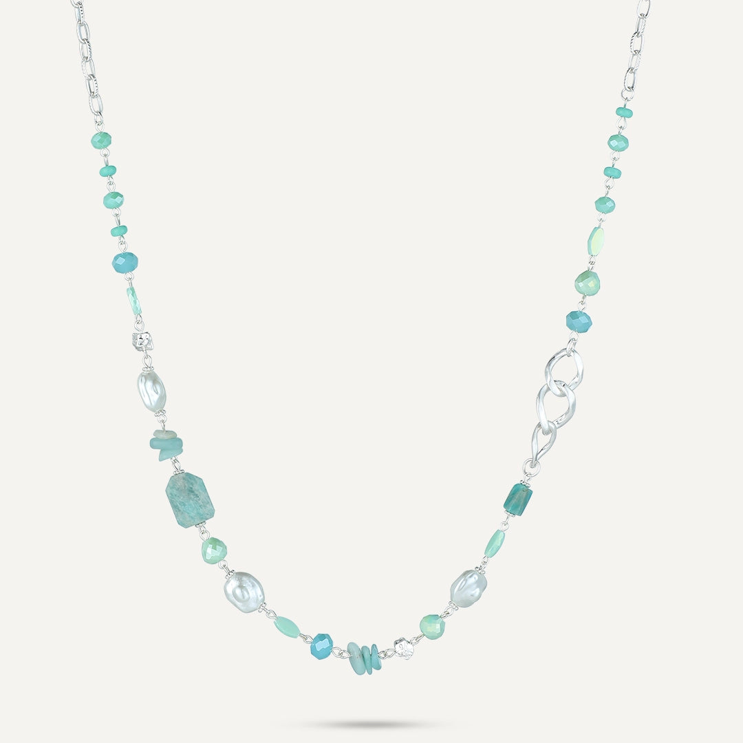 Ocean Stone & Link Detail Necklace In Silver-Tone