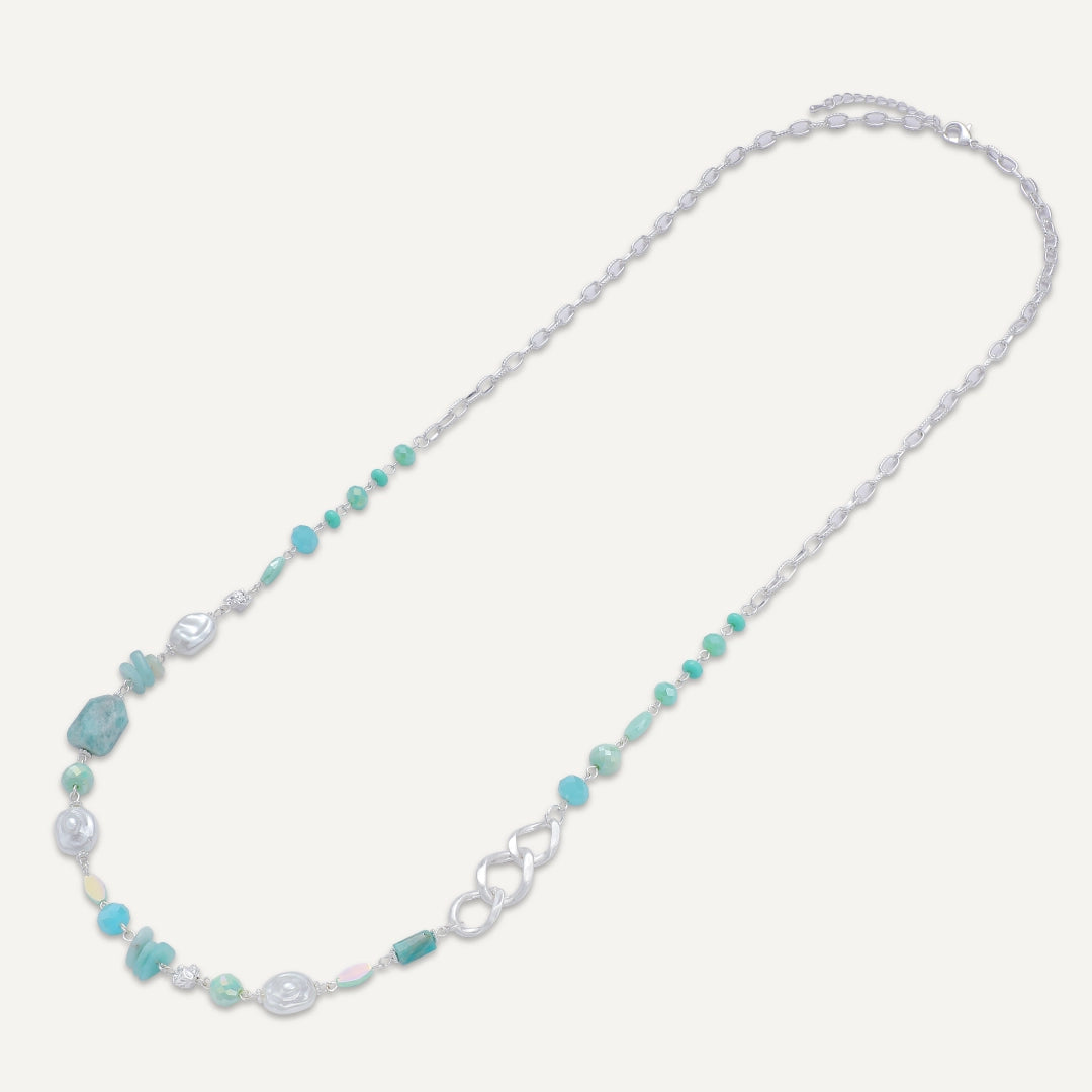 Ocean Stone & Link Detail Necklace In Silver-Tone