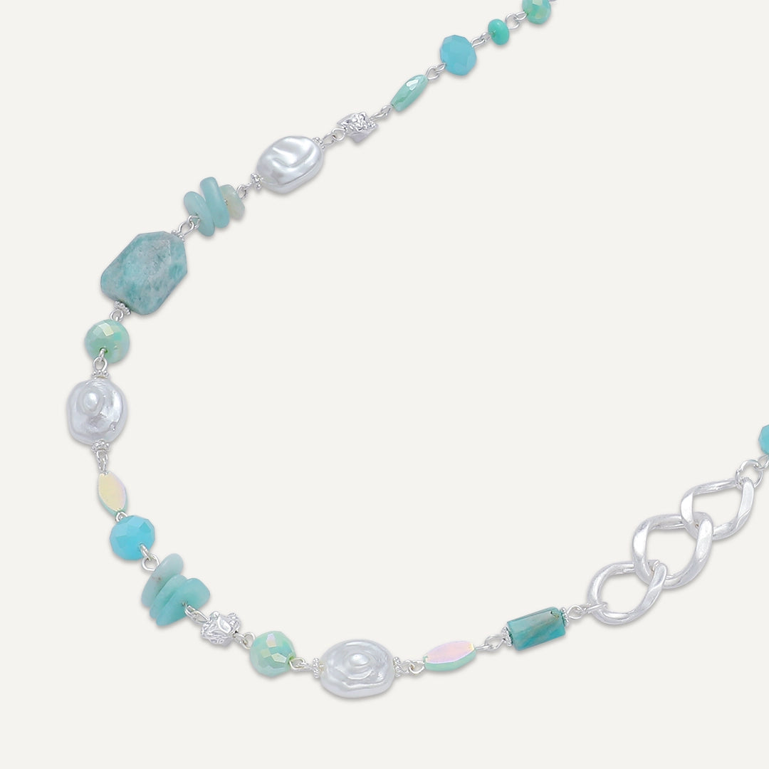 Ocean Stone & Link Detail Necklace In Silver-Tone