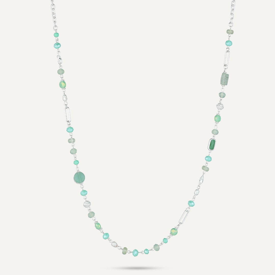 Green Glow Semi‑Precious Long Necklace In Silver-Tone