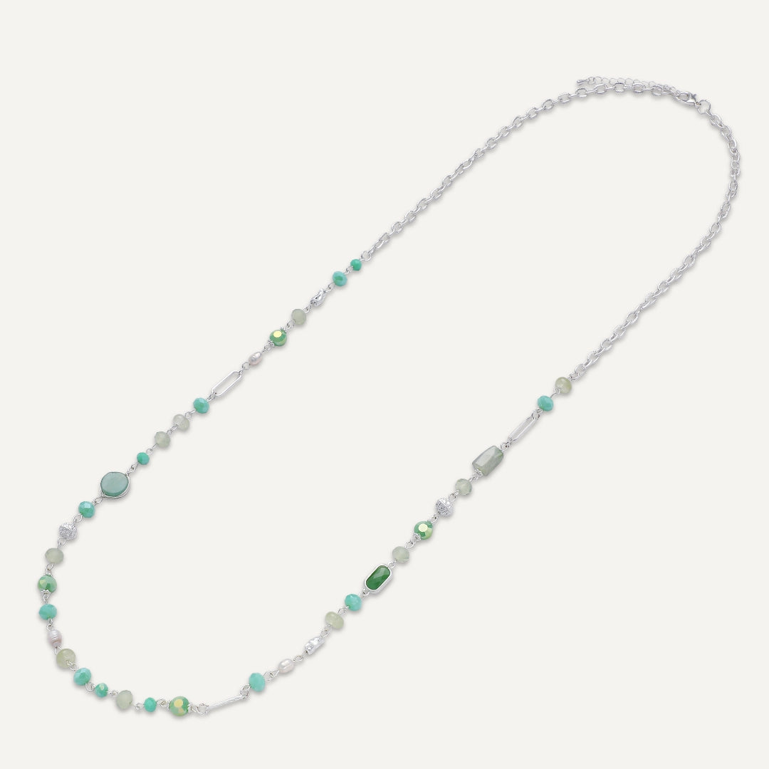 Green Glow Semi‑Precious Long Necklace In Silver-Tone