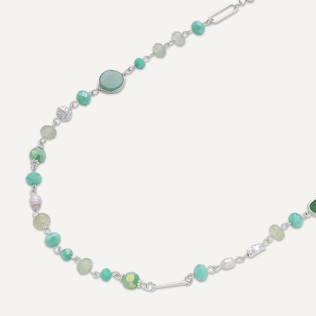 Green Glow Semi‑Precious Long Necklace In Silver-Tone