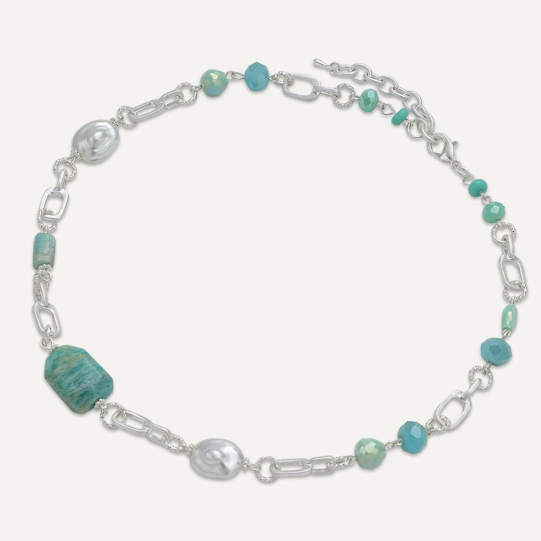 Amazonite & Pearl Chunky Chain Necklace In Silver-Tone