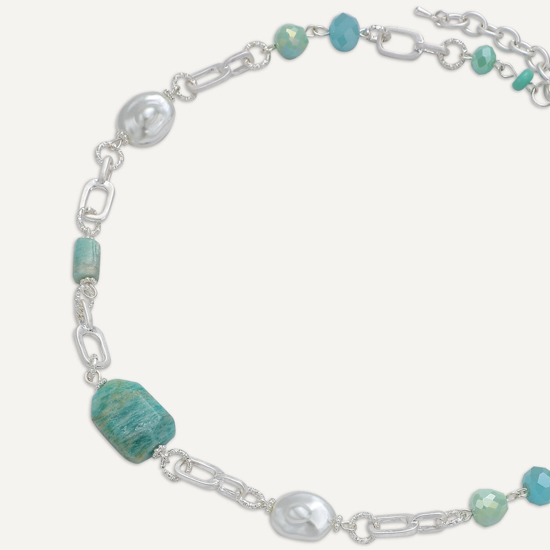 Amazonite & Pearl Chunky Chain Necklace In Silver-Tone