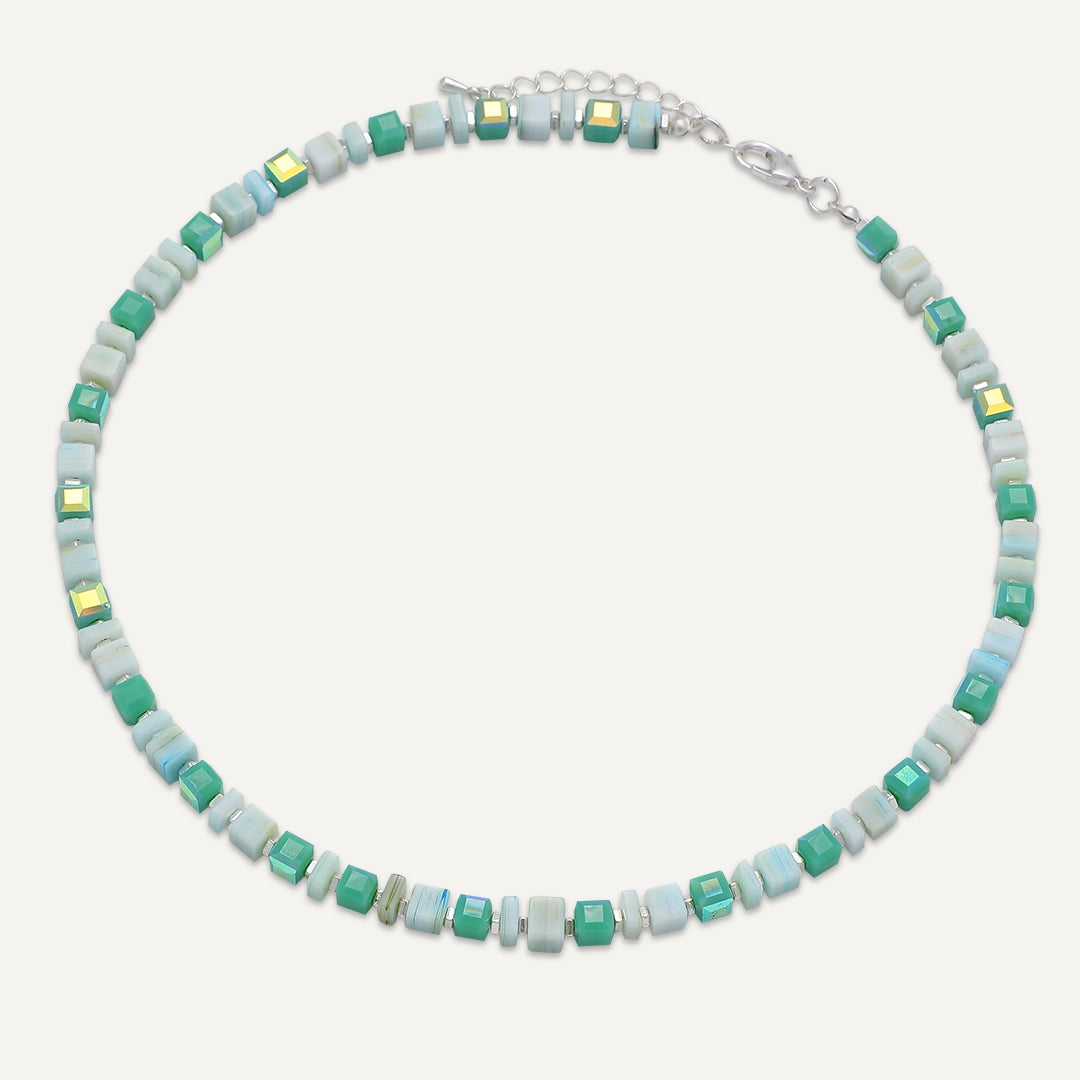 Mosaic Bead Short Statement Necklace In Silver-Tone