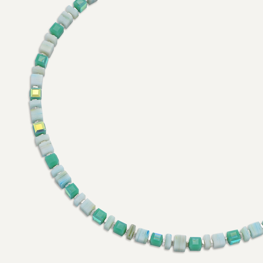 Mosaic Bead Short Statement Necklace In Silver-Tone
