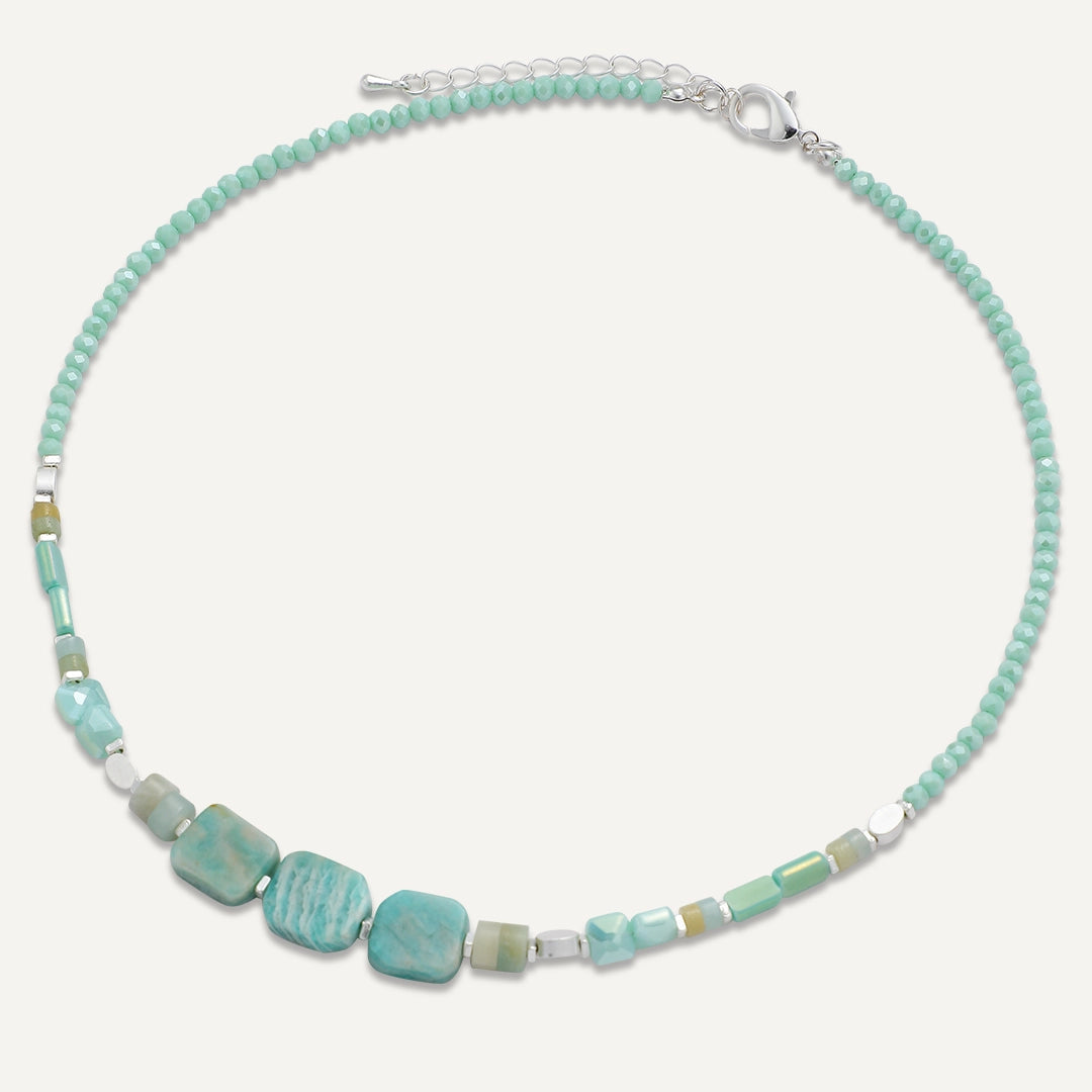 Turquoise Tile & Crystal Beaded Necklace In Silver-Tone