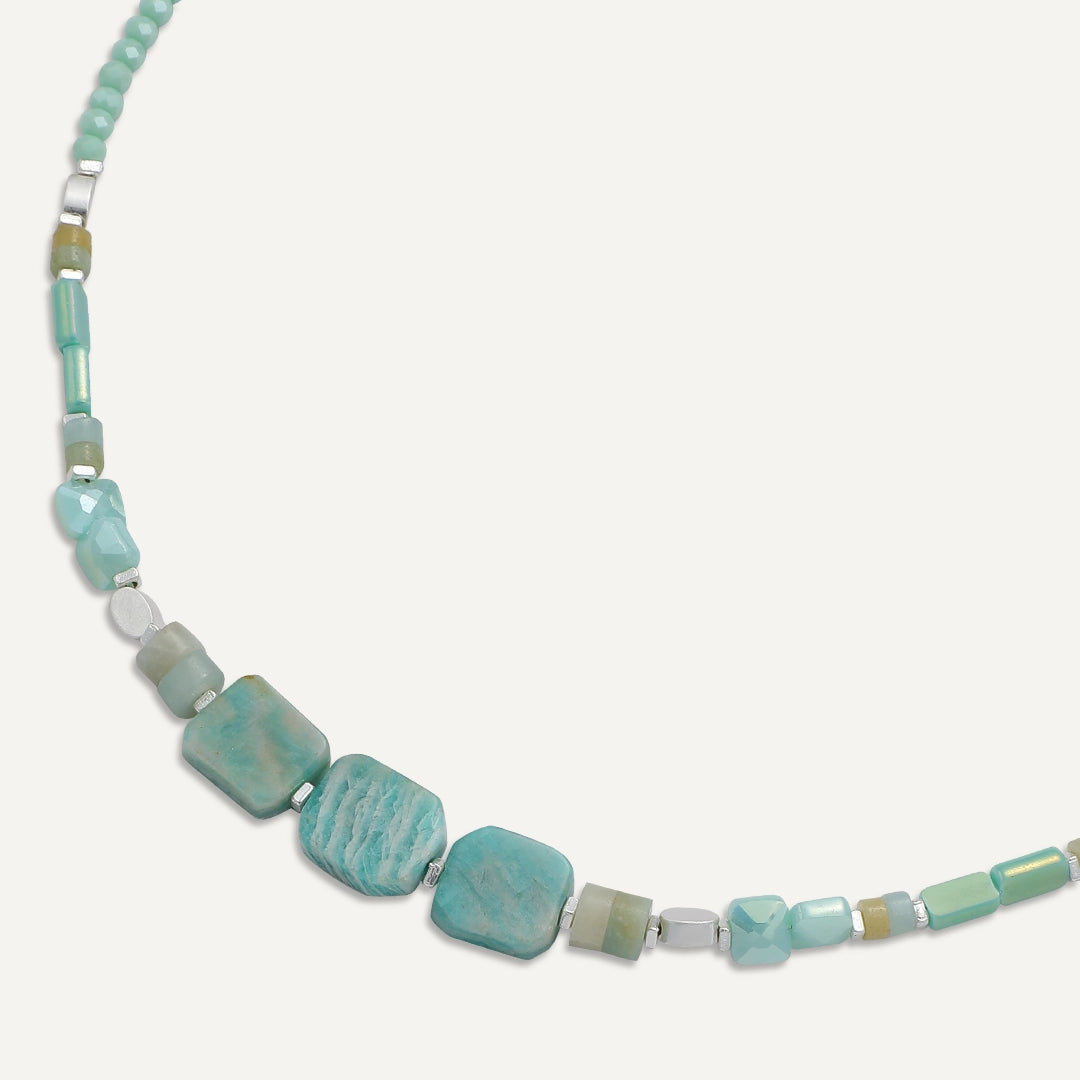 Turquoise Tile & Crystal Beaded Necklace In Silver-Tone