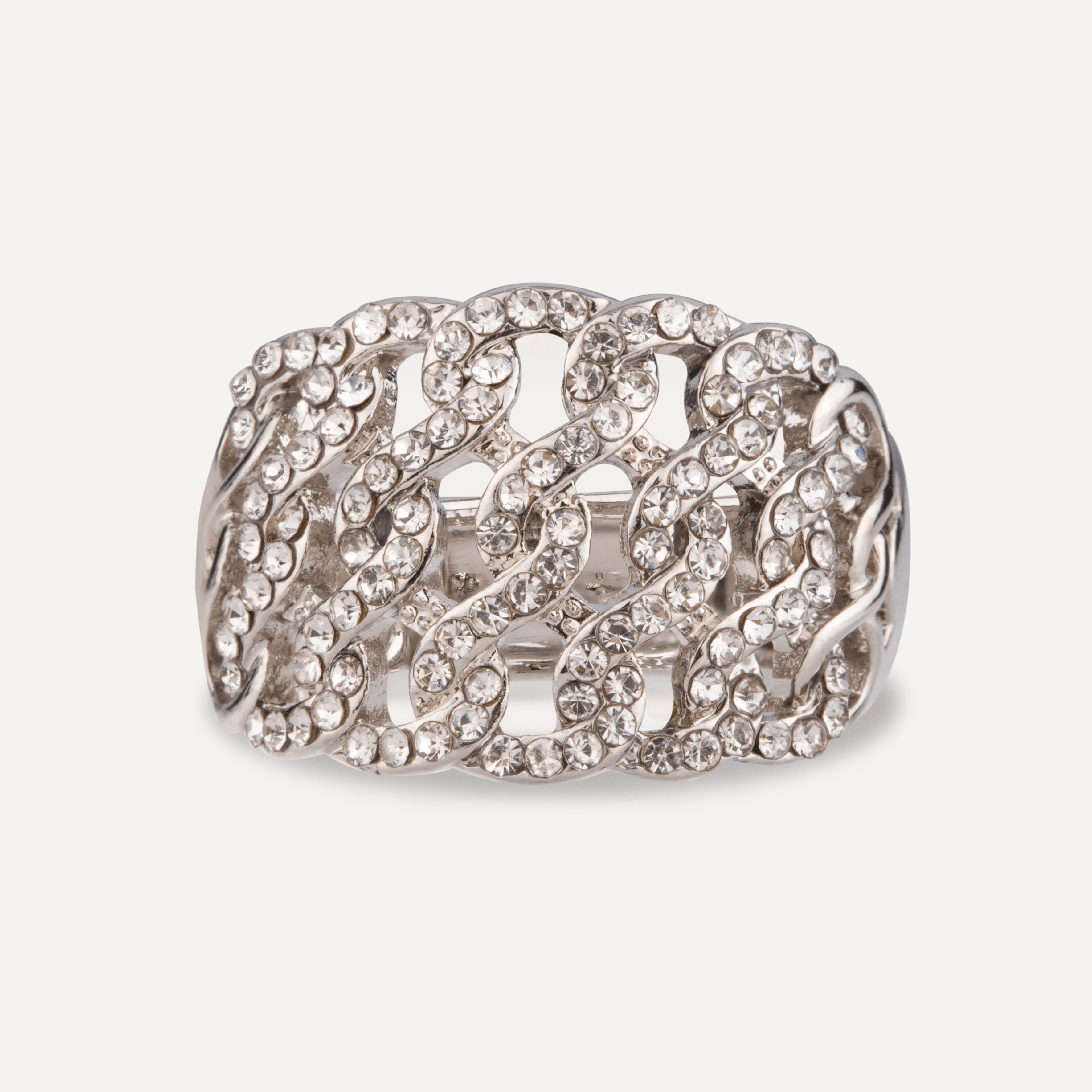 Close-up view of Elizabeth Crystal Contemporary Elasticated Ring In Silver