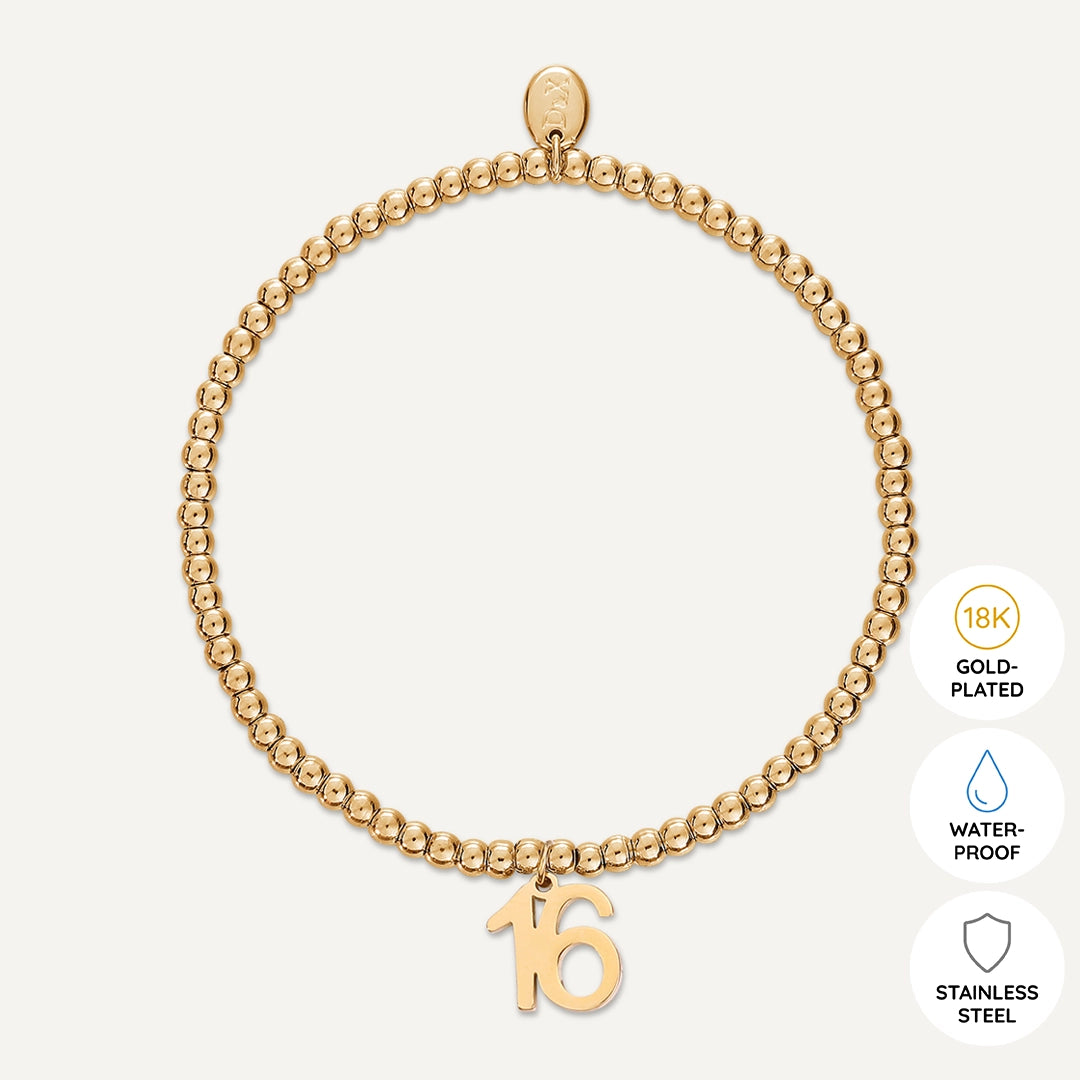 Memories: "HAPPY 16TH BIRTHDAY" | Number 16 Bracelet | 18K Gold-Plated