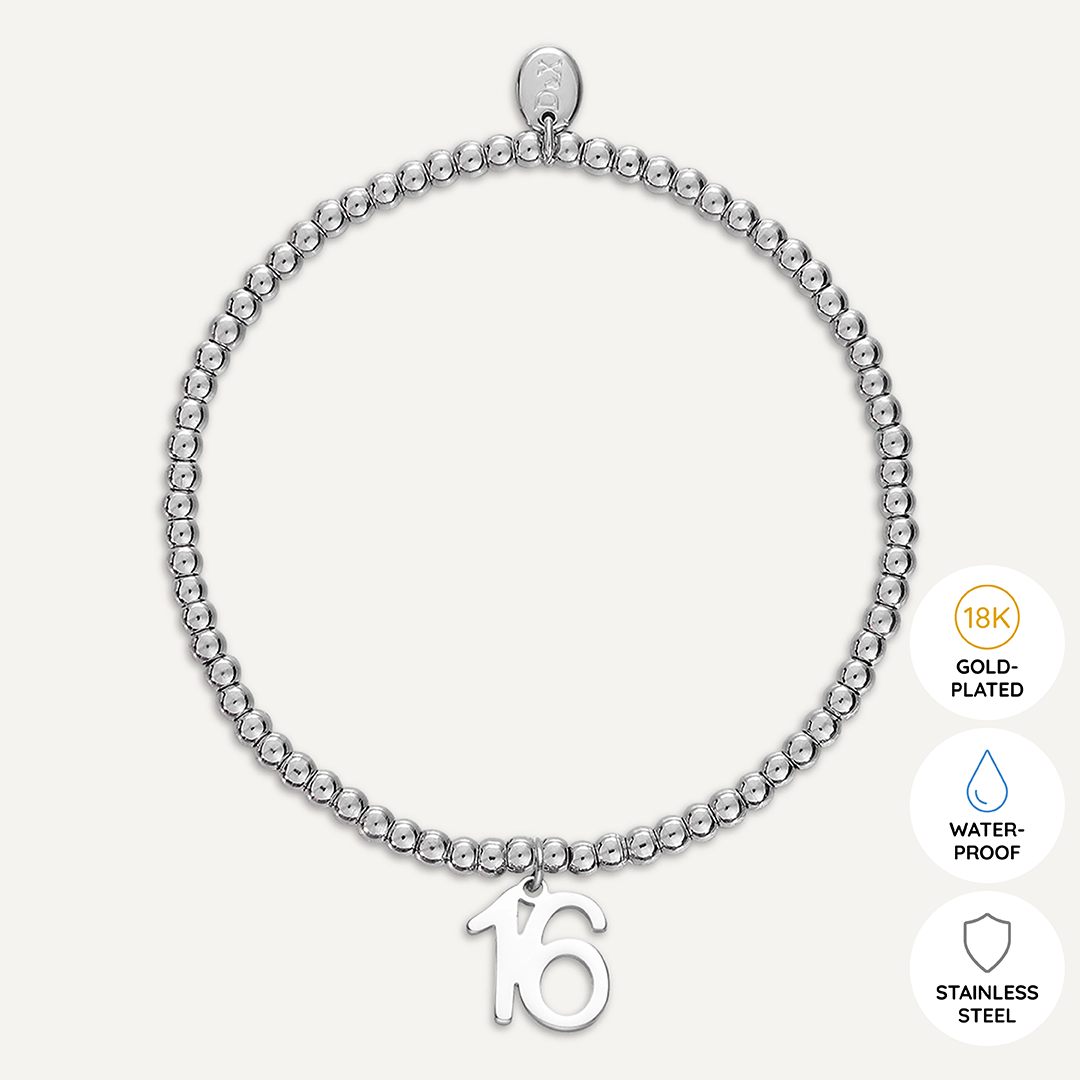 Memories: "HAPPY 16TH BIRTHDAY" | Number 16 Bracelet | White Gold-Plated