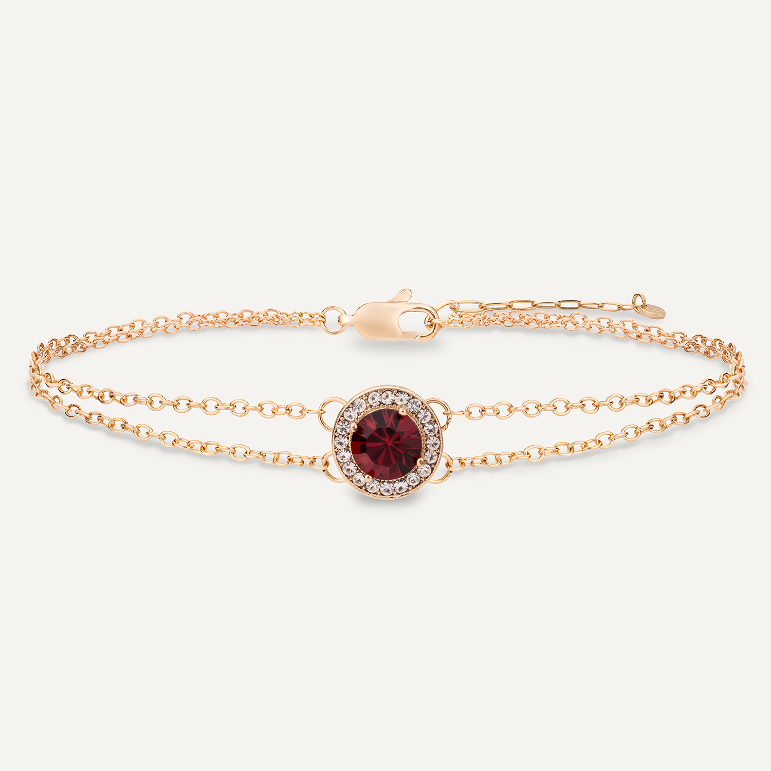 Detailed view of July Ruby Birthstone Clasp Bracelet In Gold Cubic Zirconia