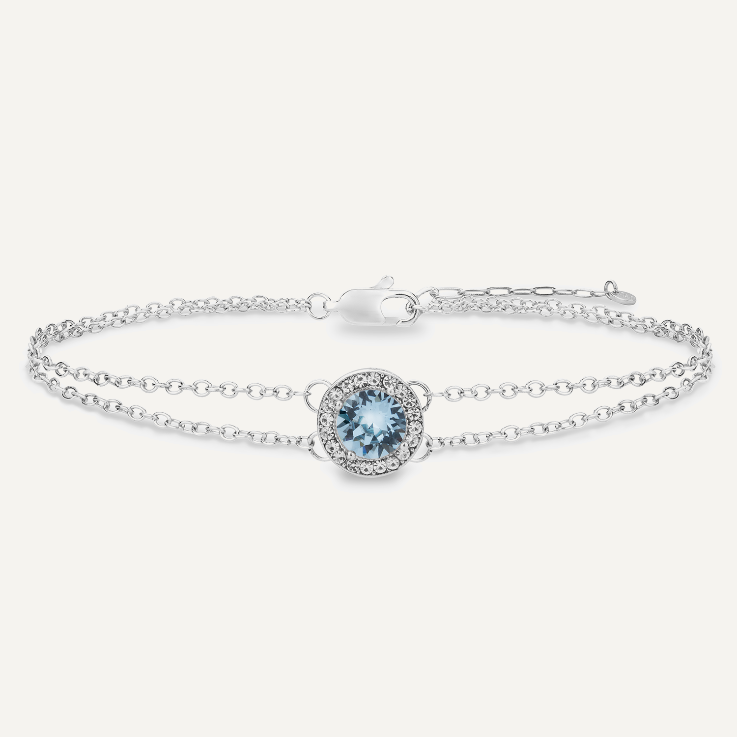Detailed view of March Aquamarine Birthstone Clasp Bracelet Cubic Zirconia in Silver
