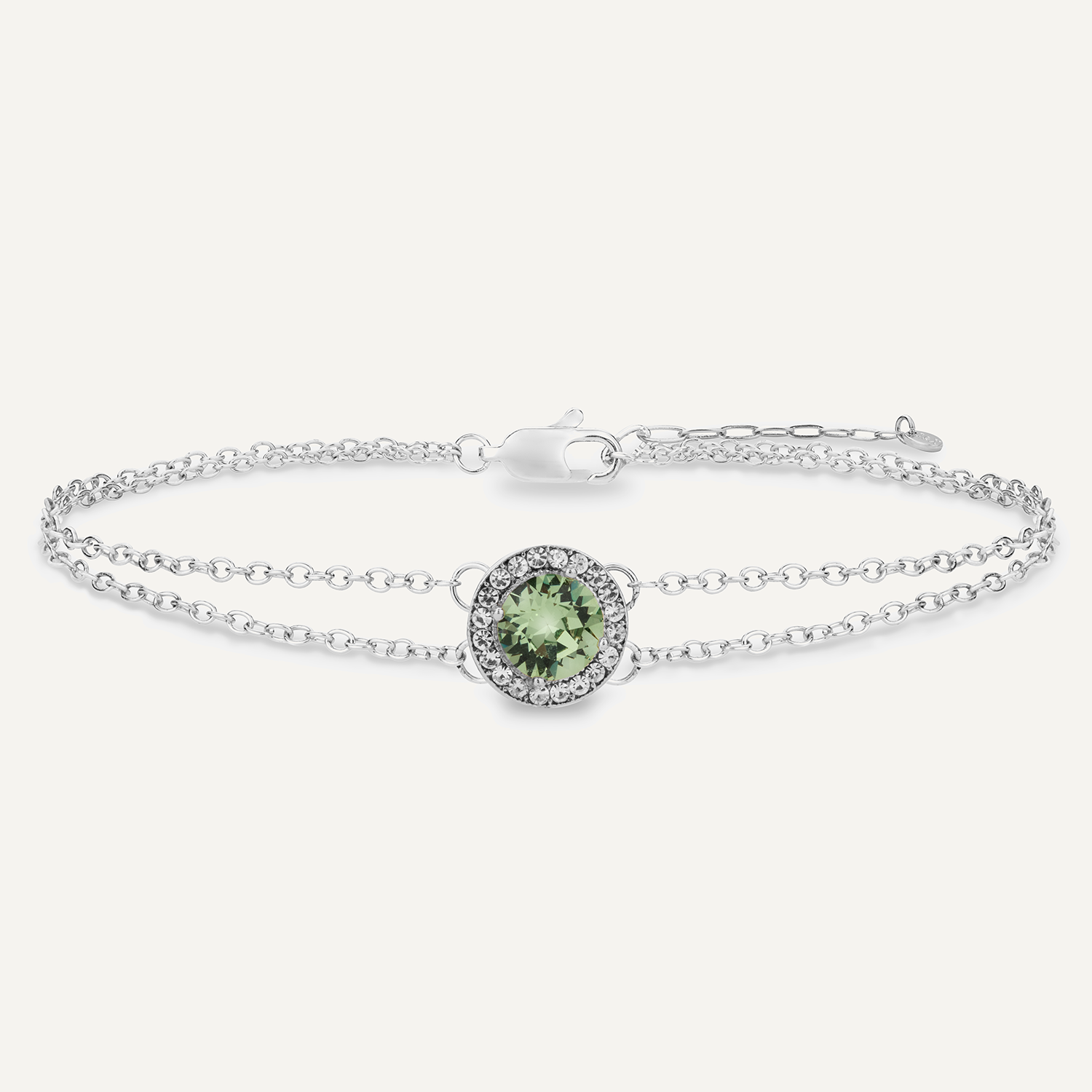 Detailed view of August Peridot Birthstone Clasp Bracelet In Silver Cubic Zirconia