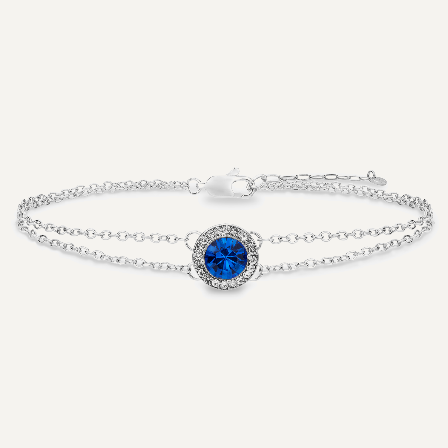 Detailed view of September Sapphire Birthstone Clasp Bracelet In Silver Cubic Zirconia