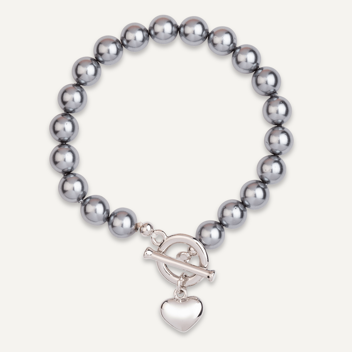 Grey Mother Of Pearl & Silver Heart Pendant T-bar Bracelet - D&X Retail