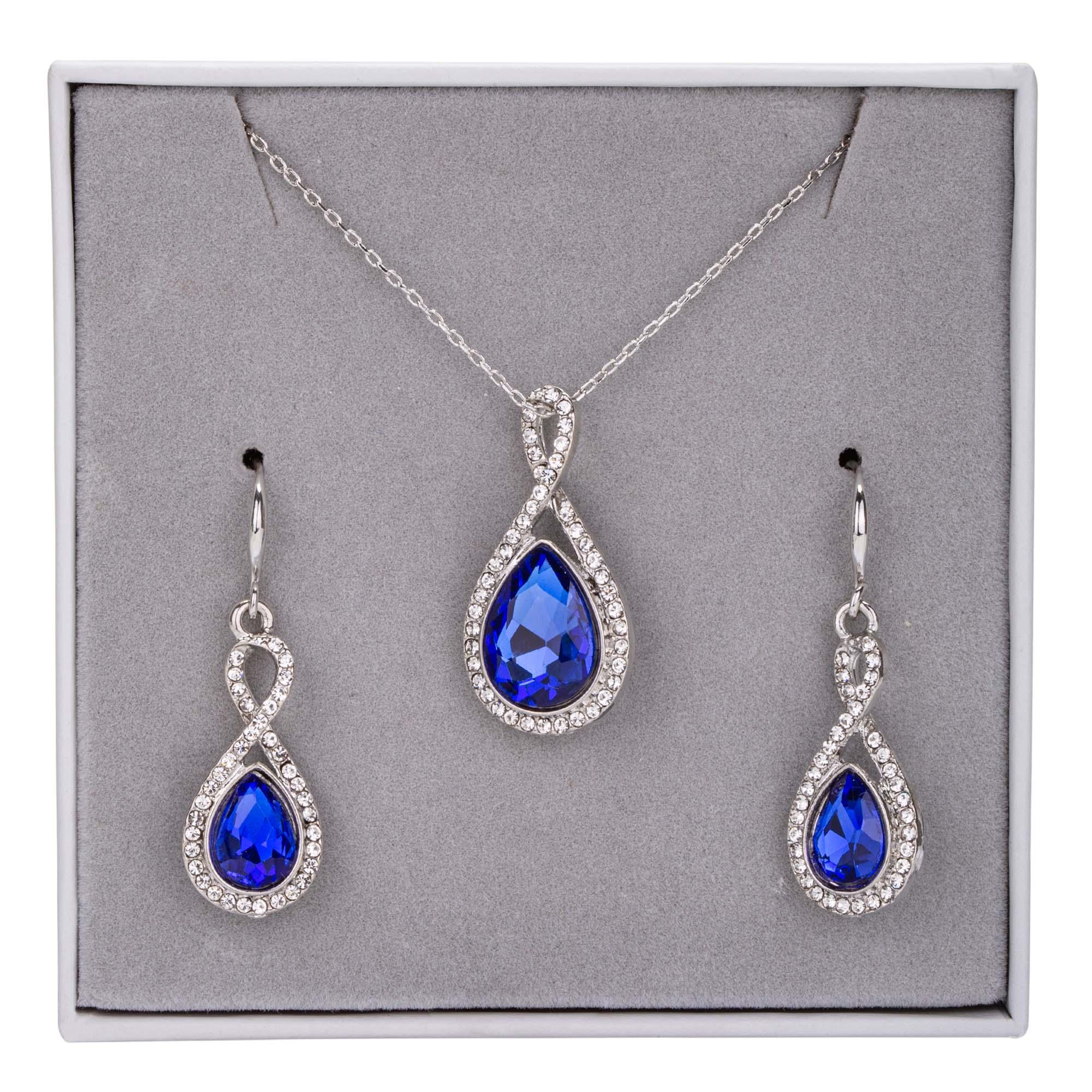 Infinity Teardrop Pendant Necklace & Earrings Boxed Set In Blue - D&X Retail