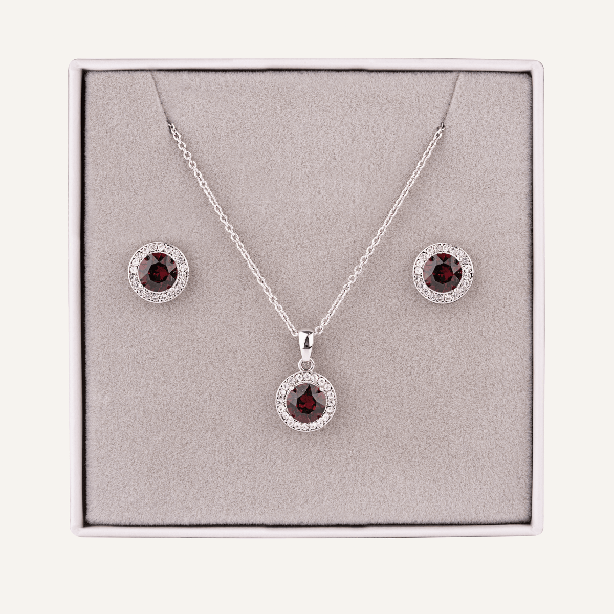 January Garnet Colour Birthstone Necklace Earring Set In Silver Tone