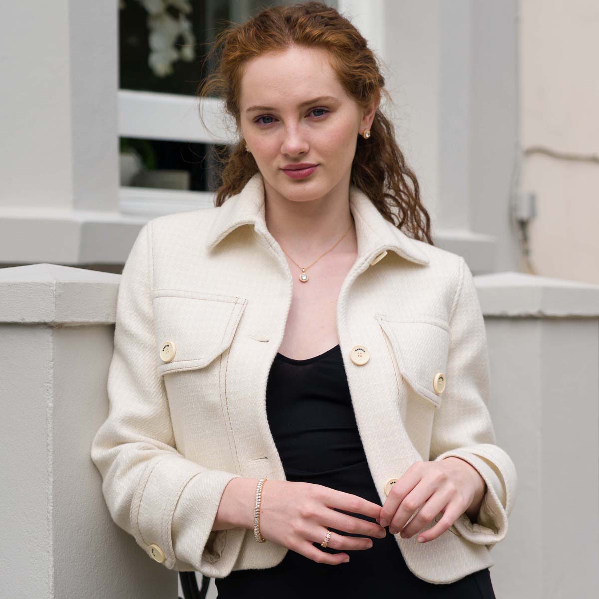 Model wearing Elizabeth Gold and Cubic Zirconia Clasp Bracelet
