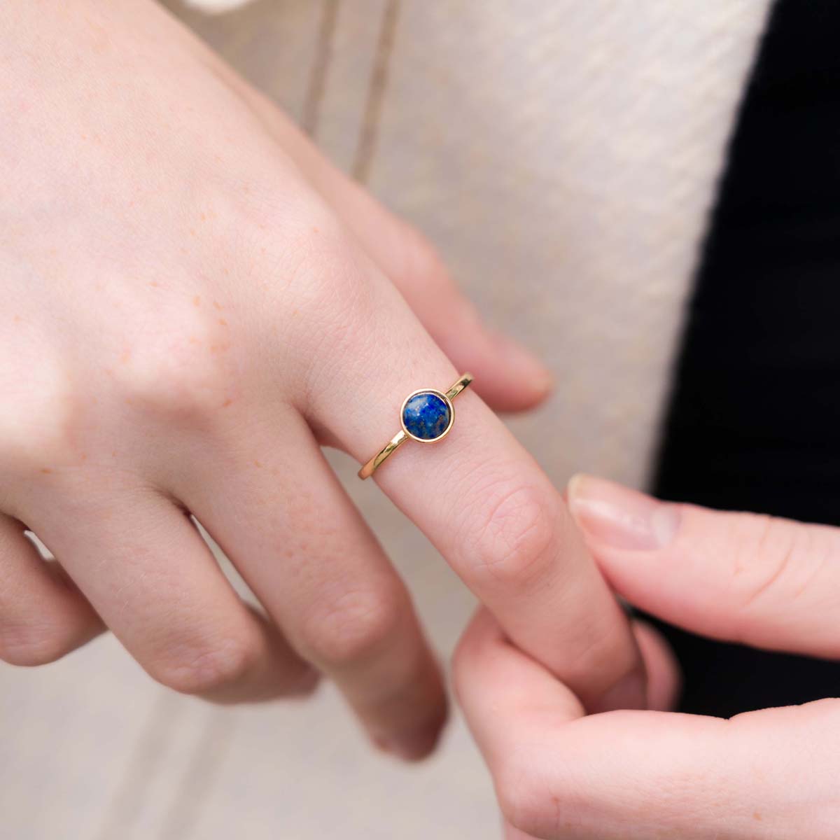 Model wearing Lapis Gem Stone Gold Ring