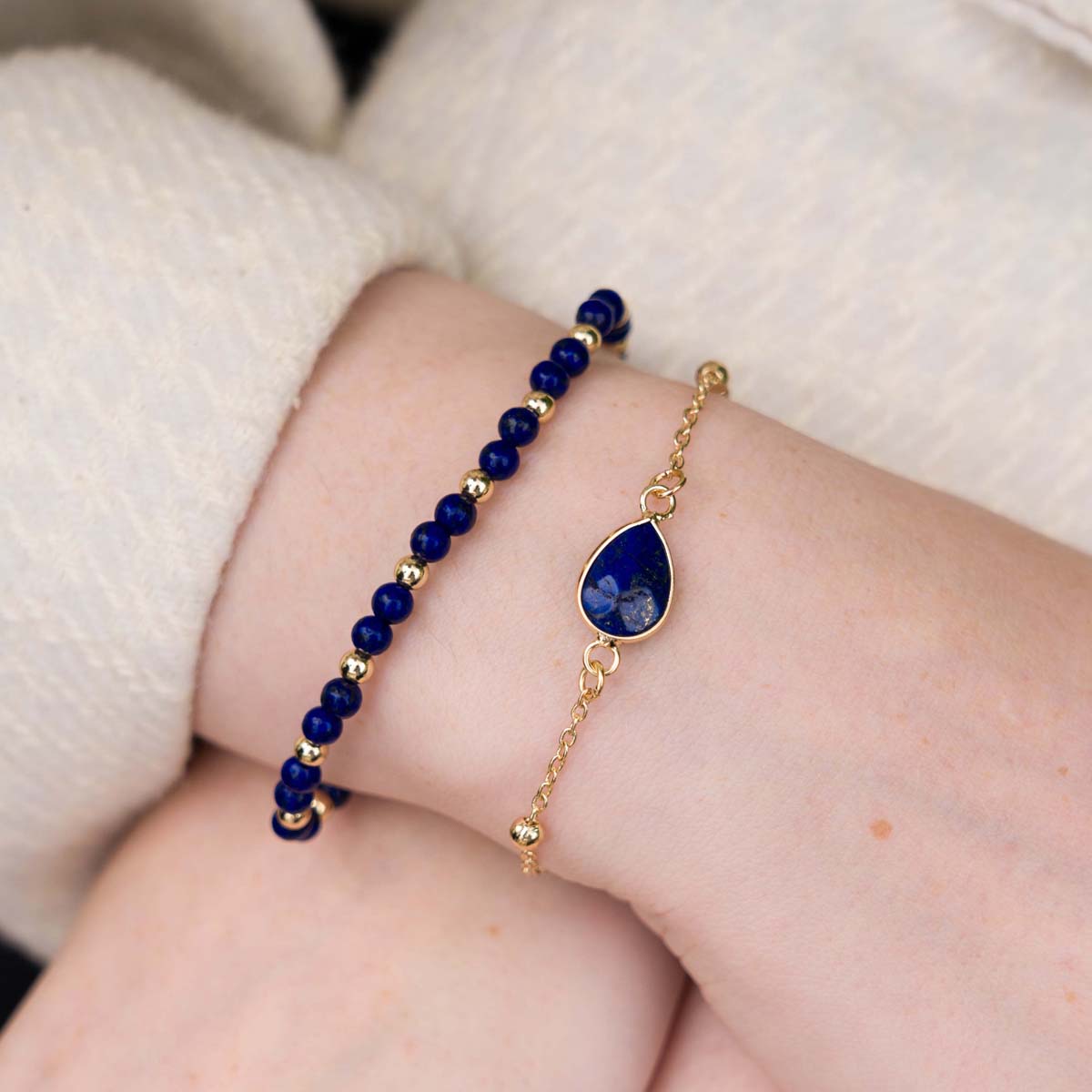 Model wearing Delicate Lapis Gold Clasp Bracelet