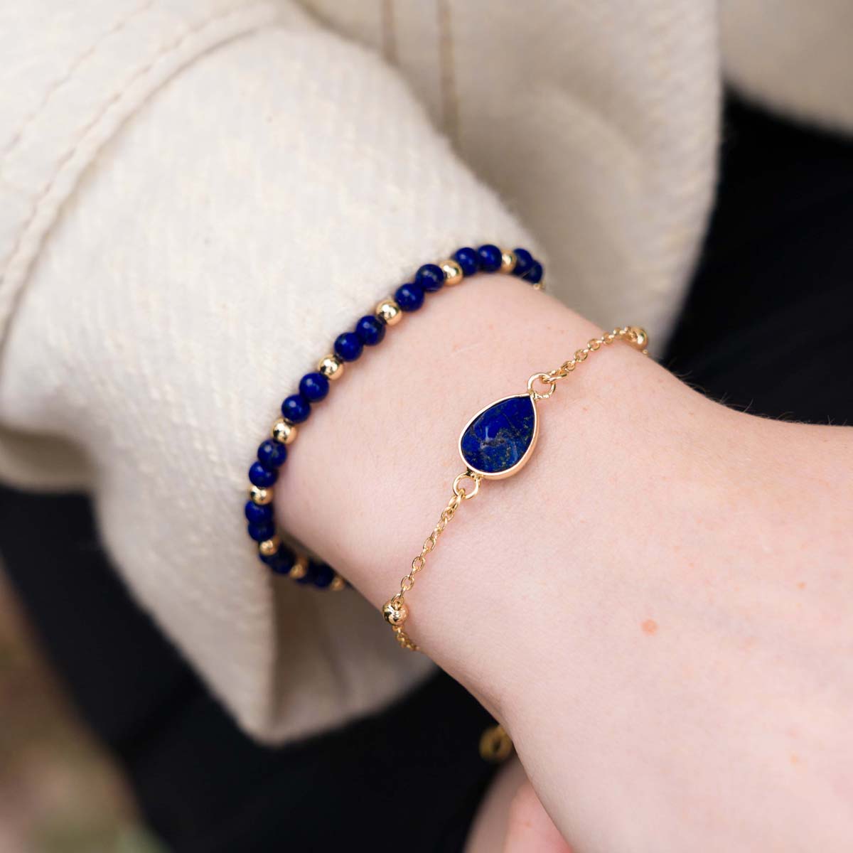 Model wearing Delicate Lapis Gold Clasp Bracelet